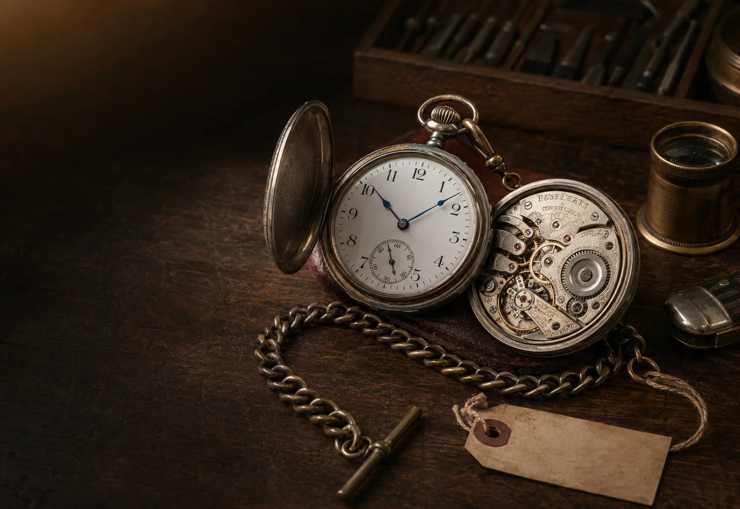 Opened antique pocket watch showing enamel dial, exposed movement, chain and watchmaker tools