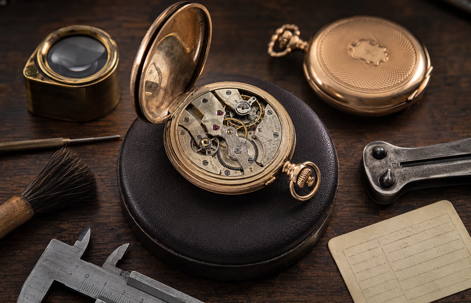 Opened antique pocket watch movement on a watchmaker bench with loupe, calipers, brush and condition card