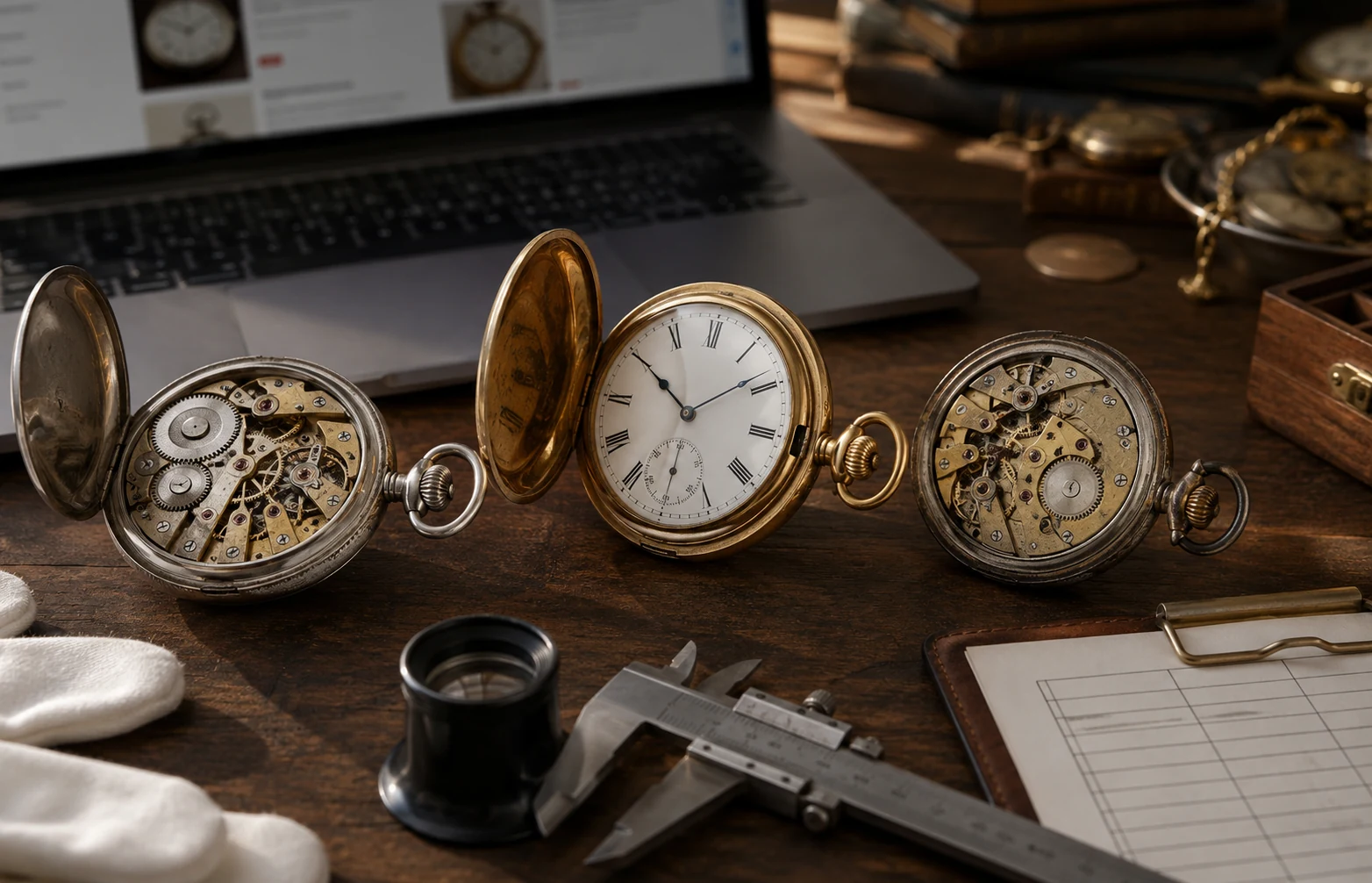Three antique pocket watches on a value research workbench with loupe, calipers, gloves and blurred marketplace screen