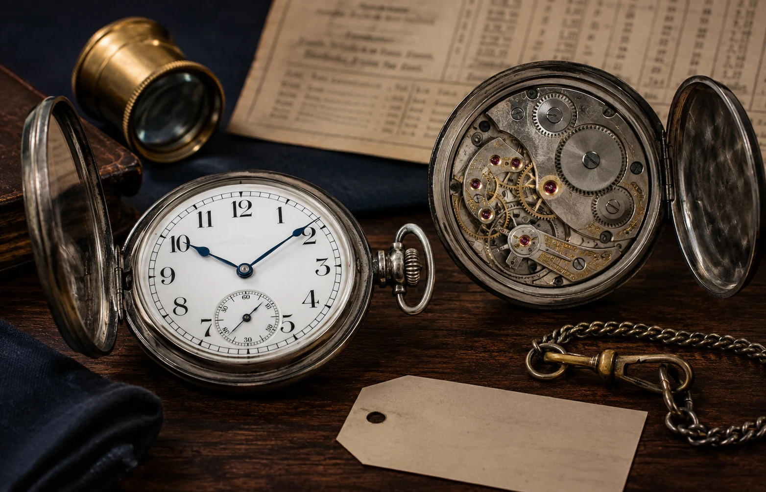 Antique railroad pocket watch dial and exposed movement with loupe, chain and blurred timetable